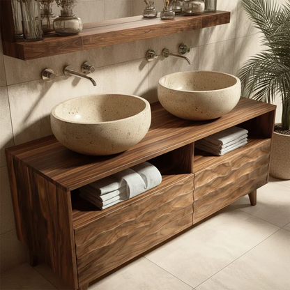 Traditional Solid Wood Bathroom Vanity – Hand Carved Natural Wood Storage Cabinet - Elitegemse