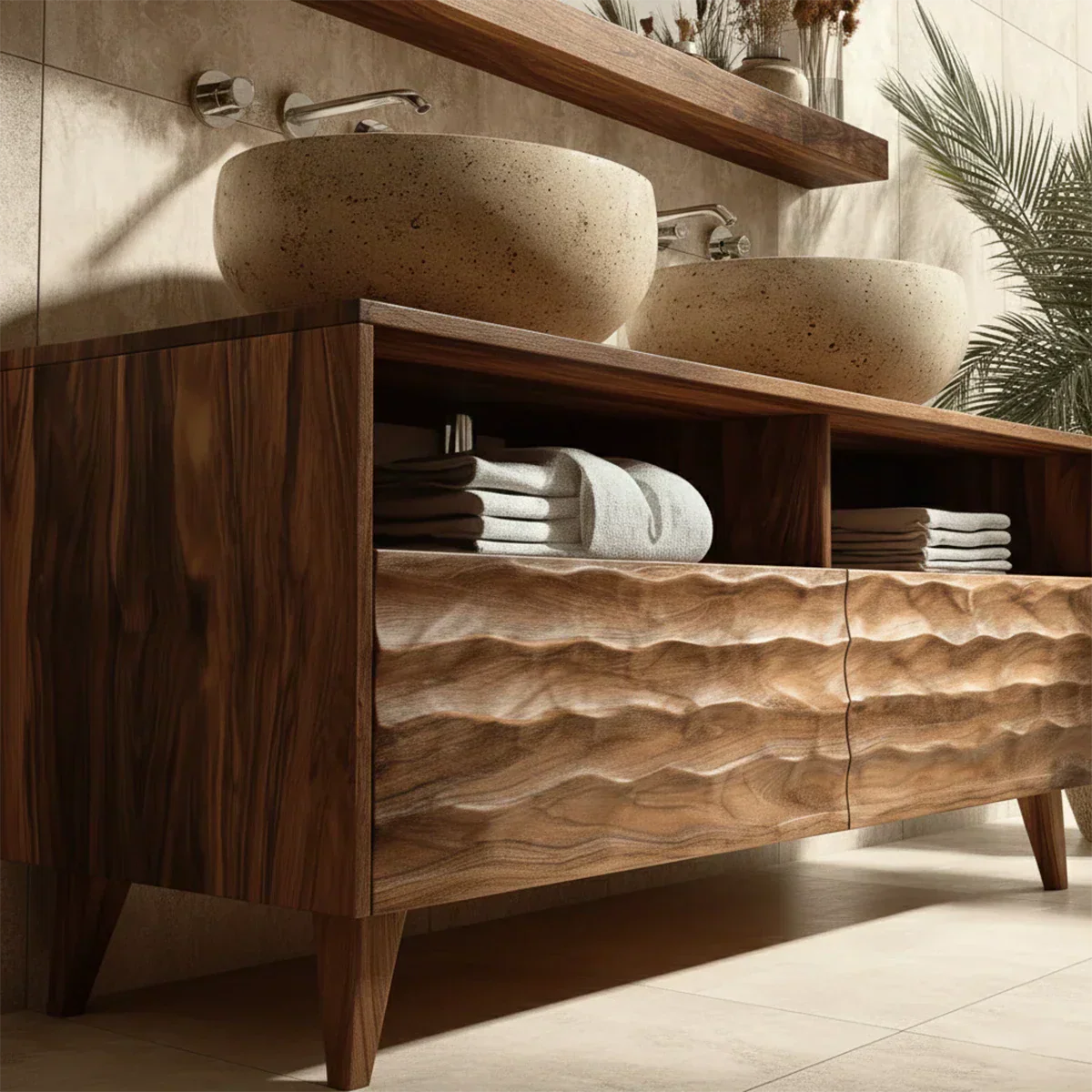 Traditional Solid Wood Bathroom Vanity – Hand Carved Natural Wood Storage Cabinet - Elitegemse