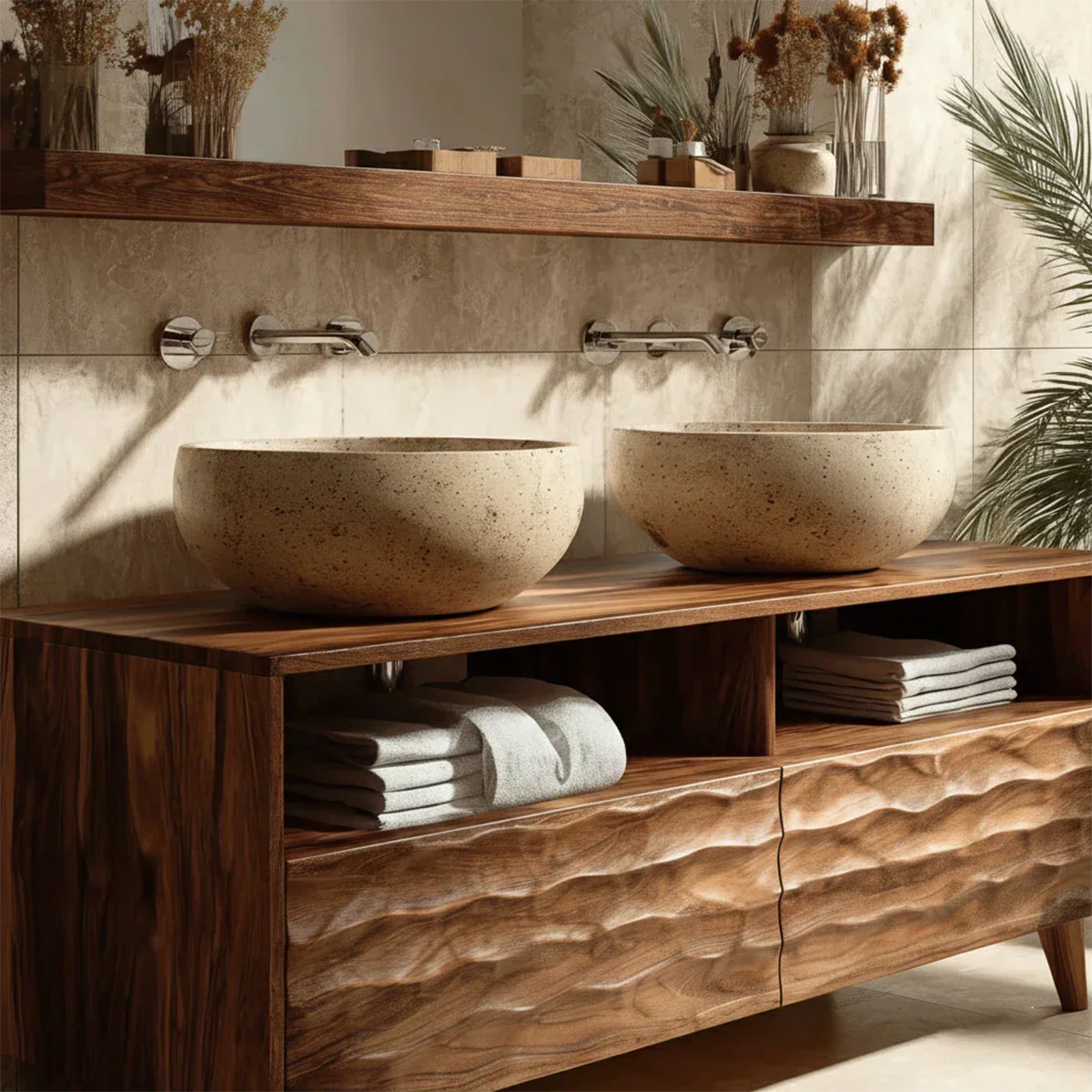 Traditional Solid Wood Bathroom Vanity – Hand Carved Natural Wood Storage Cabinet - Elitegemse