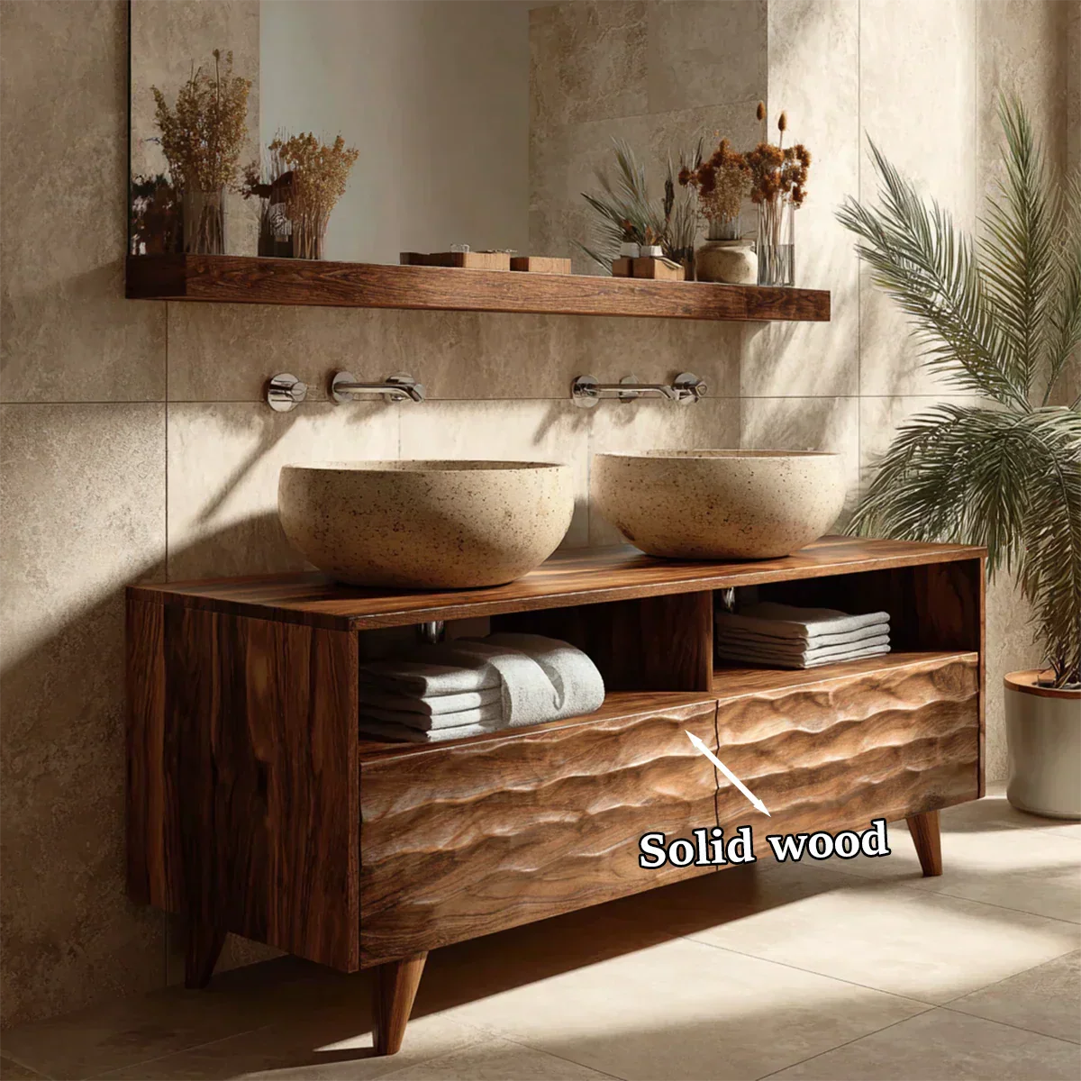Traditional Solid Wood Bathroom Vanity – Hand Carved Natural Wood Storage Cabinet - Elitegemse