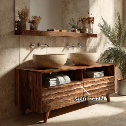 Traditional Solid Wood Bathroom Vanity – Hand Carved Natural Wood Storage Cabinet - Elitegemse