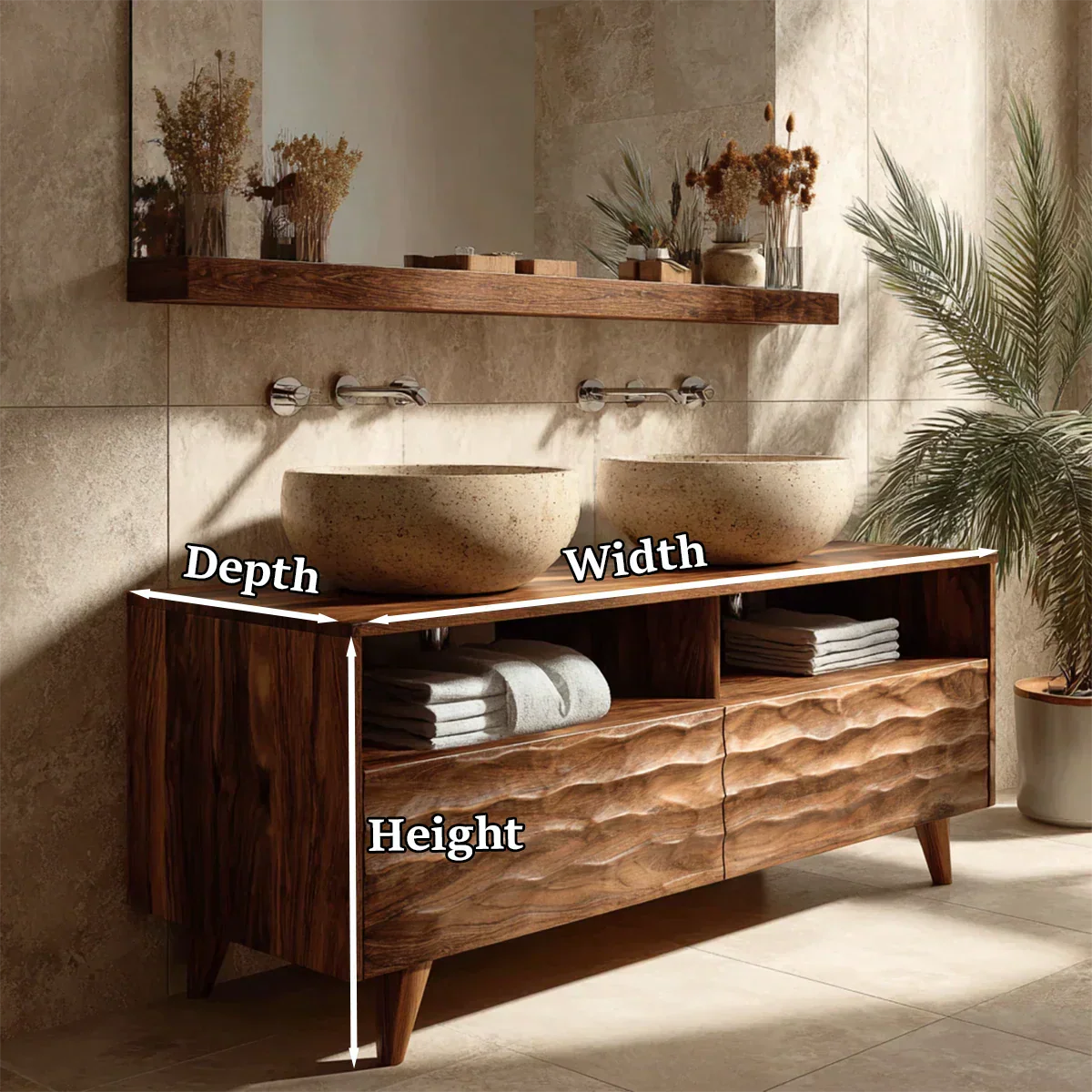 Traditional Solid Wood Bathroom Vanity – Hand Carved Natural Wood Storage Cabinet - Elitegemse