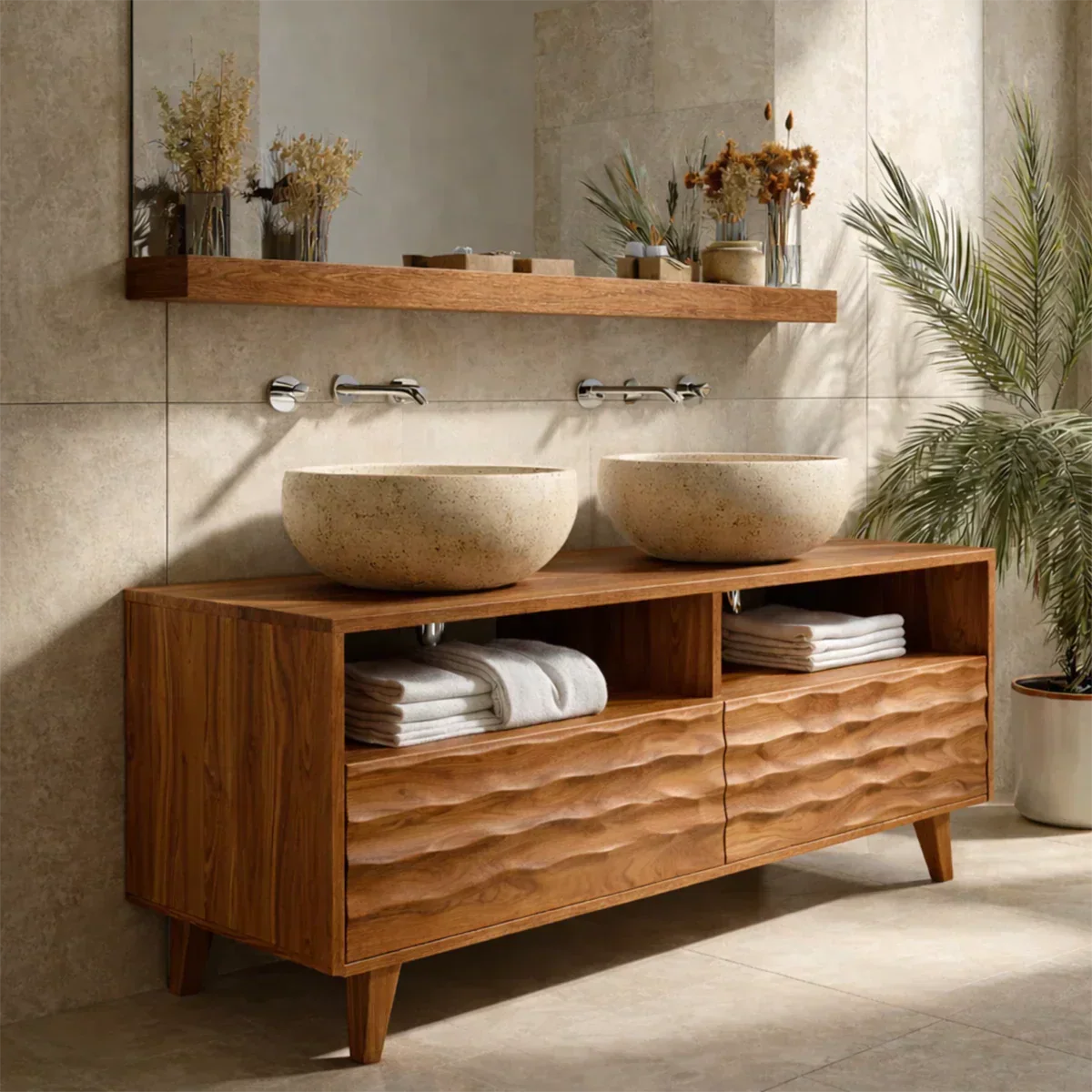 Traditional Solid Wood Bathroom Vanity – Hand Carved Natural Wood Storage Cabinet - Elitegemse