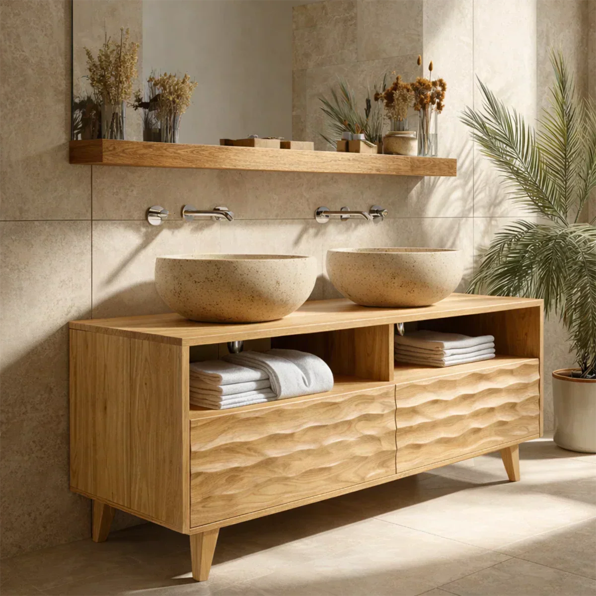 Traditional Solid Wood Bathroom Vanity – Hand Carved Natural Wood Storage Cabinet - Elitegemse