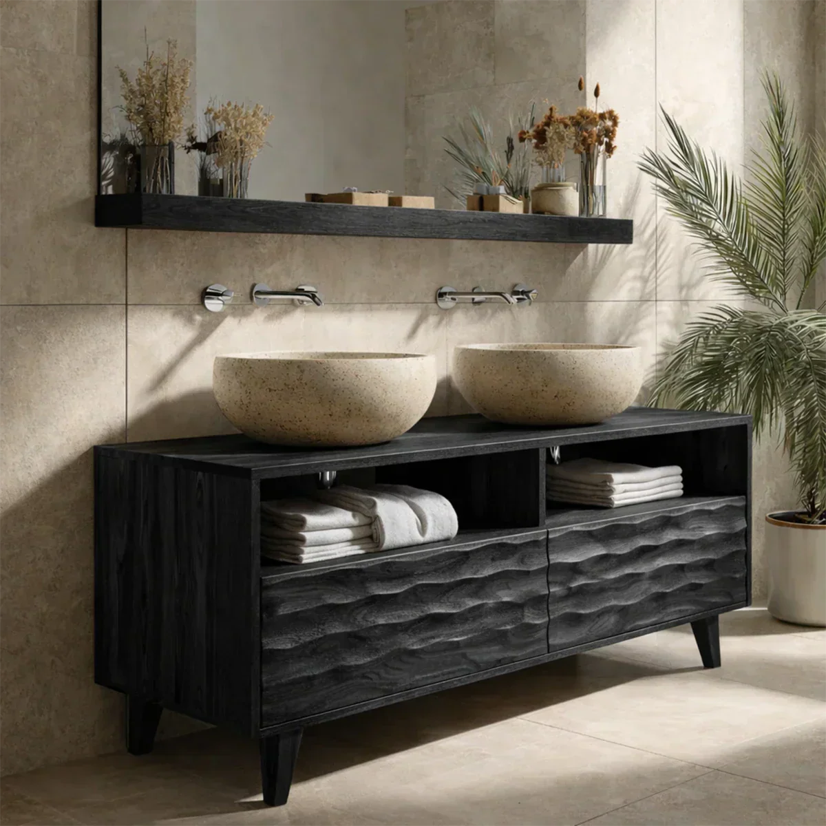 Traditional Solid Wood Bathroom Vanity – Hand Carved Natural Wood Storage Cabinet - Elitegemse