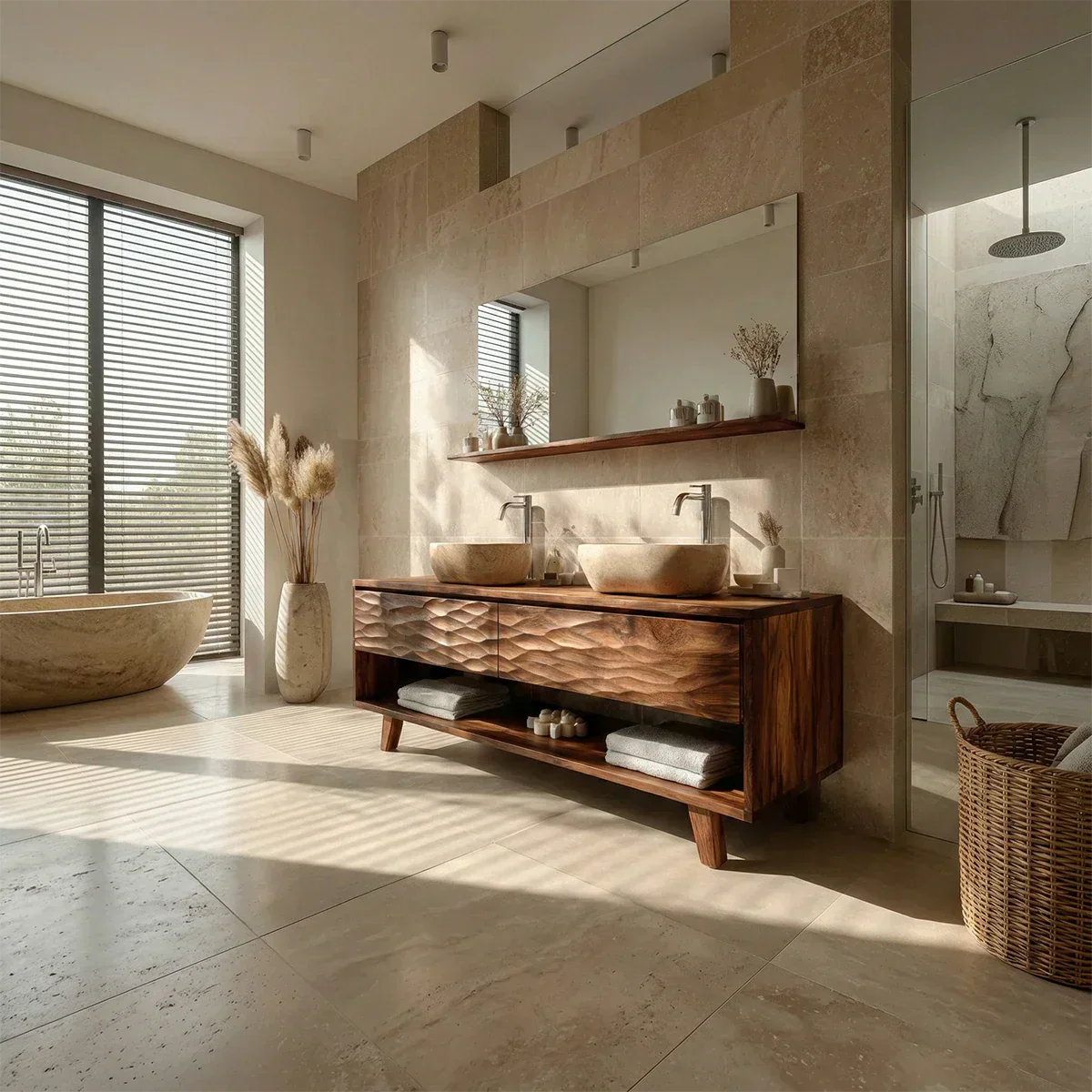 Traditional Solid Wood Bathroom Vanity – Hand Carved Natural Wood Vanity Cabinet - Elitegemse