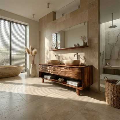 Traditional Solid Wood Bathroom Vanity – Hand Carved Natural Wood Vanity Cabinet - Elitegemse