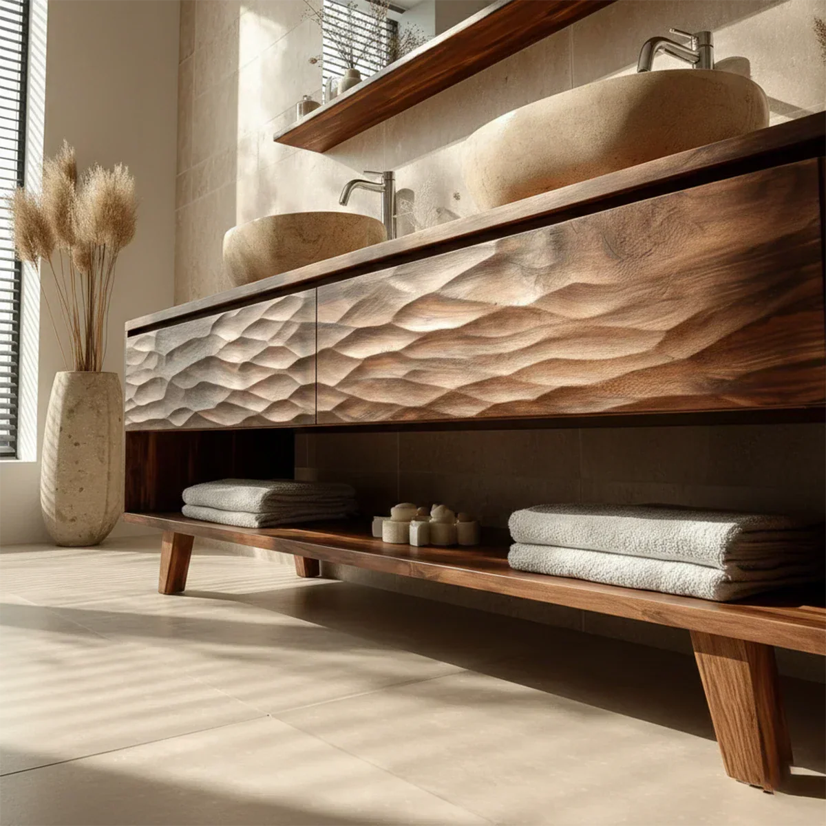 Traditional Solid Wood Bathroom Vanity – Hand Carved Natural Wood Vanity Cabinet - Elitegemse