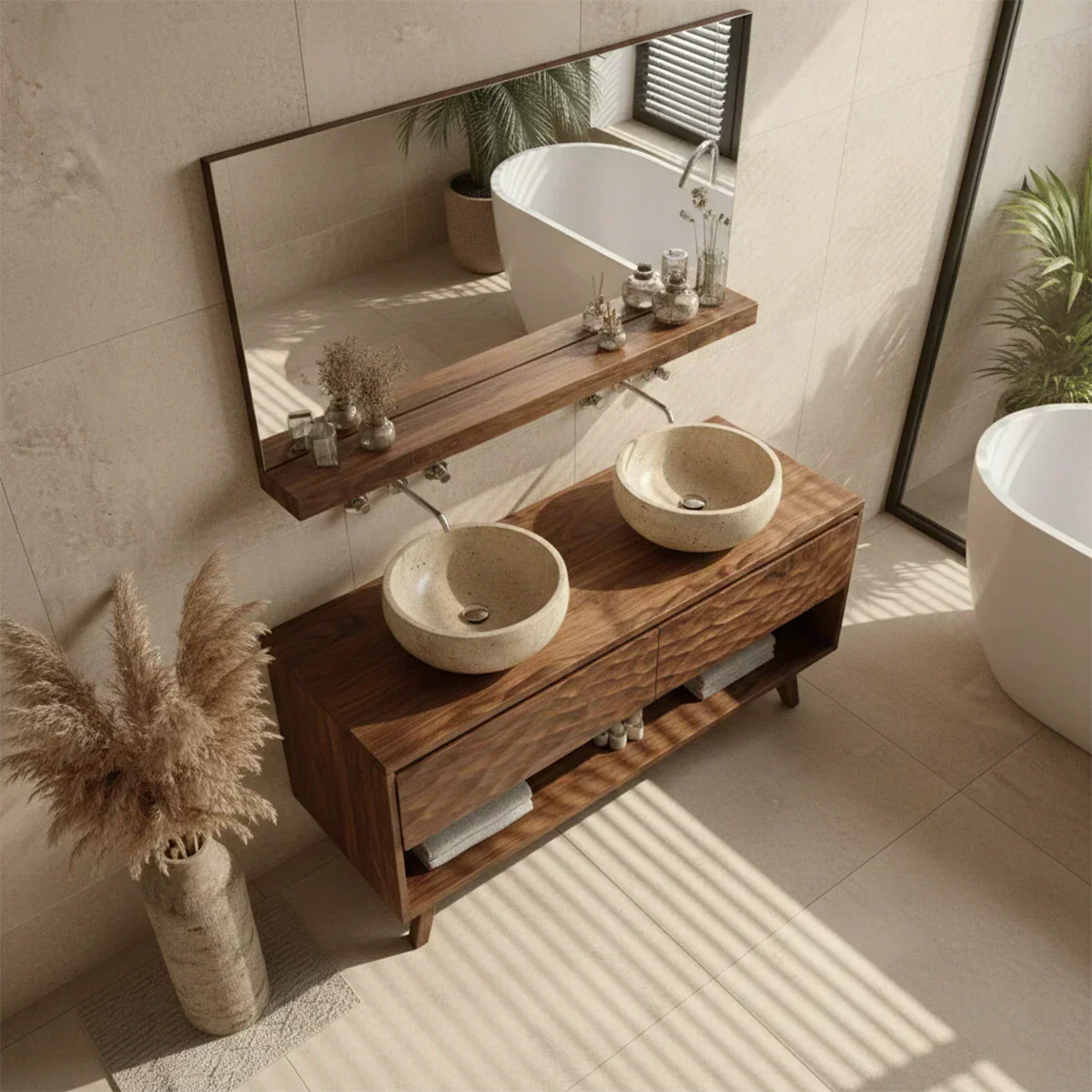 Traditional Solid Wood Bathroom Vanity – Hand Carved Natural Wood Vanity Cabinet - Elitegemse
