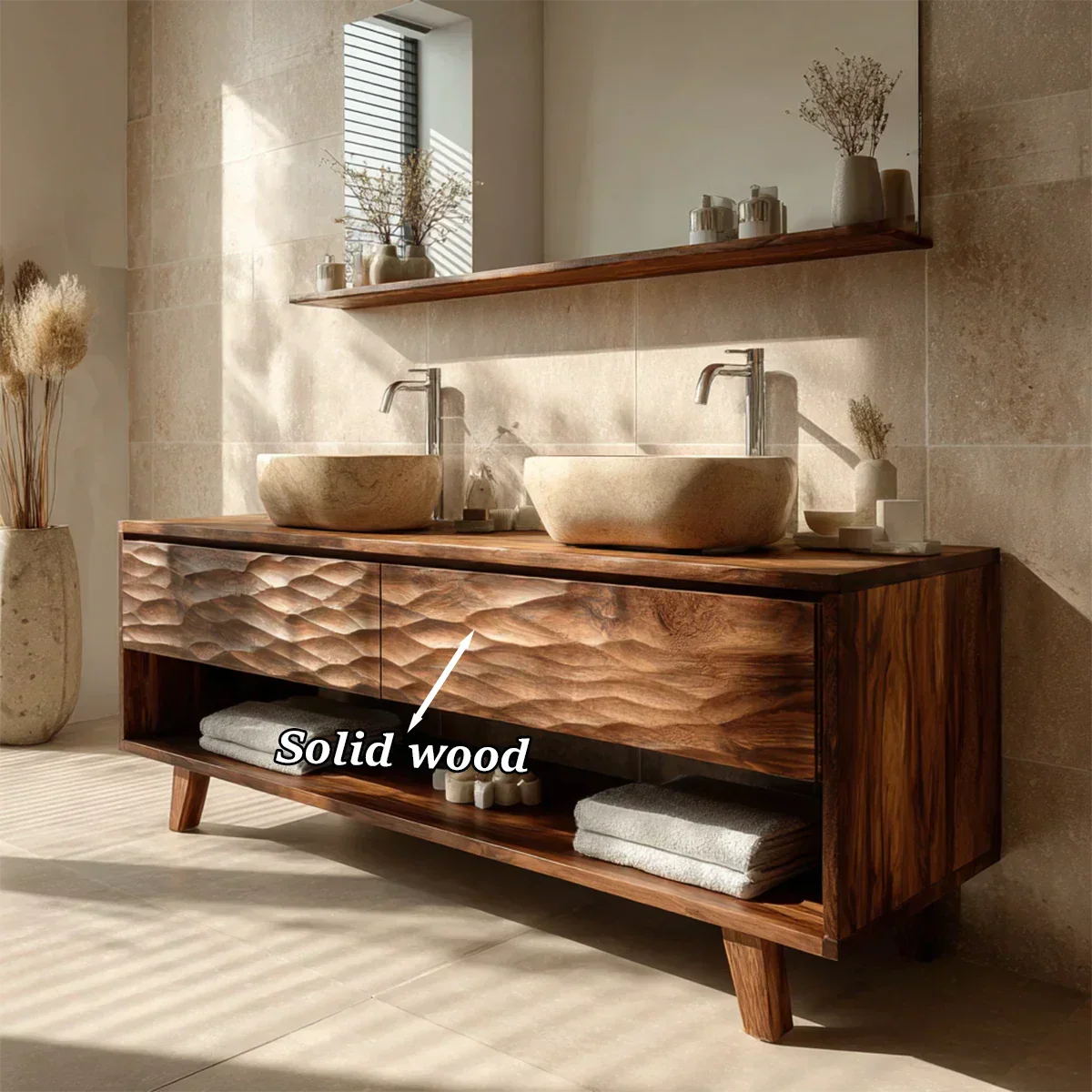 Traditional Solid Wood Bathroom Vanity – Hand Carved Natural Wood Vanity Cabinet - Elitegemse