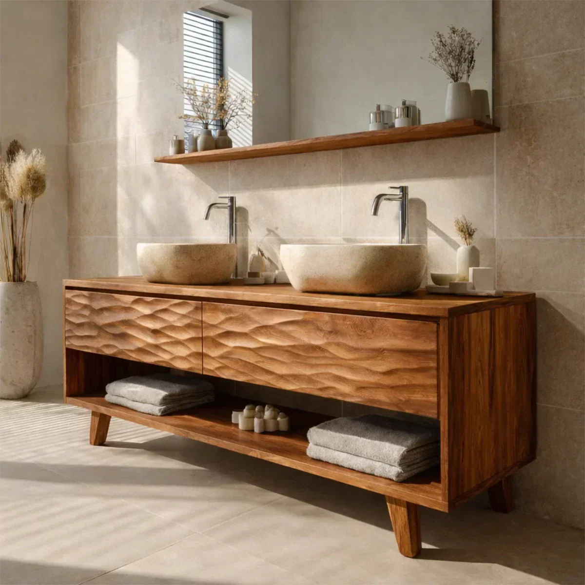Traditional Solid Wood Bathroom Vanity – Hand Carved Natural Wood Vanity Cabinet - Elitegemse