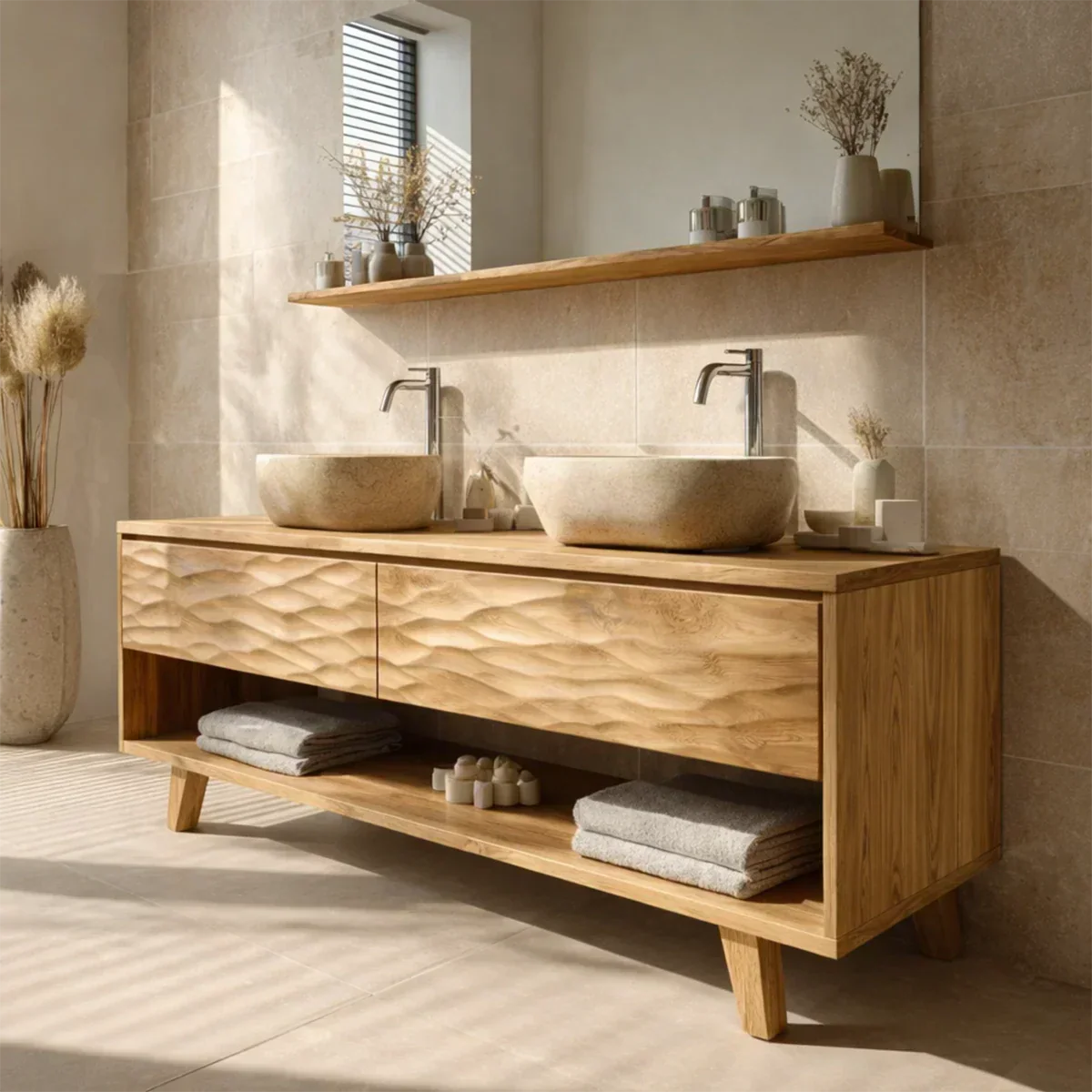 Traditional Solid Wood Bathroom Vanity – Hand Carved Natural Wood Vanity Cabinet - Elitegemse