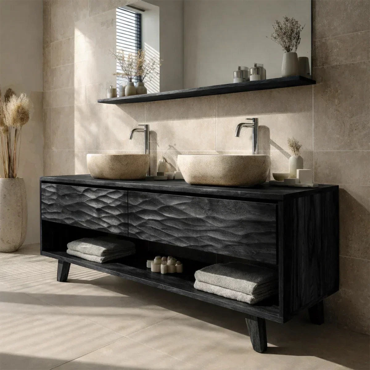 Traditional Solid Wood Bathroom Vanity – Hand Carved Natural Wood Vanity Cabinet - Elitegemse