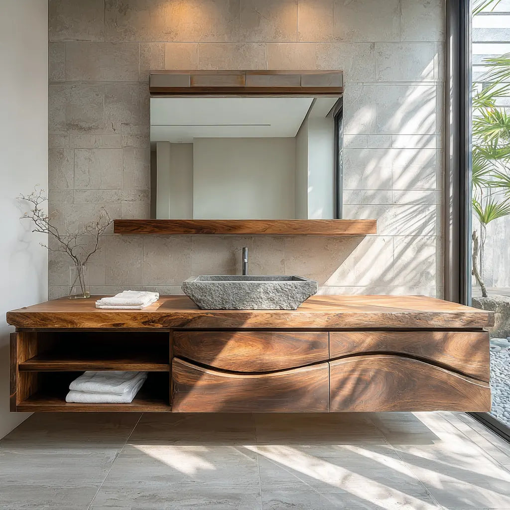 Traditional Solid Wood Bathroom Vanity – Handcrafted Natural Wood Storage Cabinet - Elitegemse