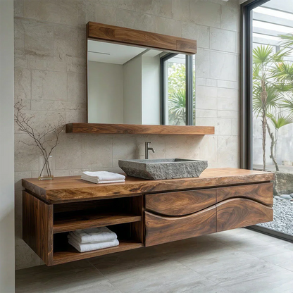 Traditional Solid Wood Bathroom Vanity – Handcrafted Natural Wood Storage Cabinet - Elitegemse
