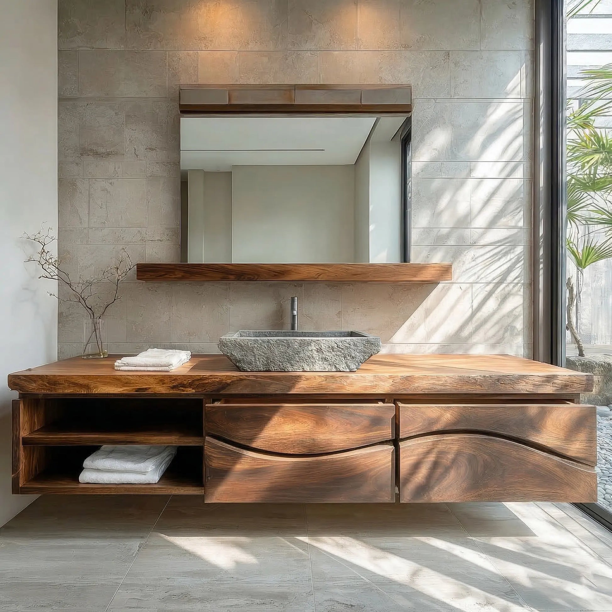 Traditional Solid Wood Bathroom Vanity – Handcrafted Natural Wood Storage Cabinet - Elitegemse