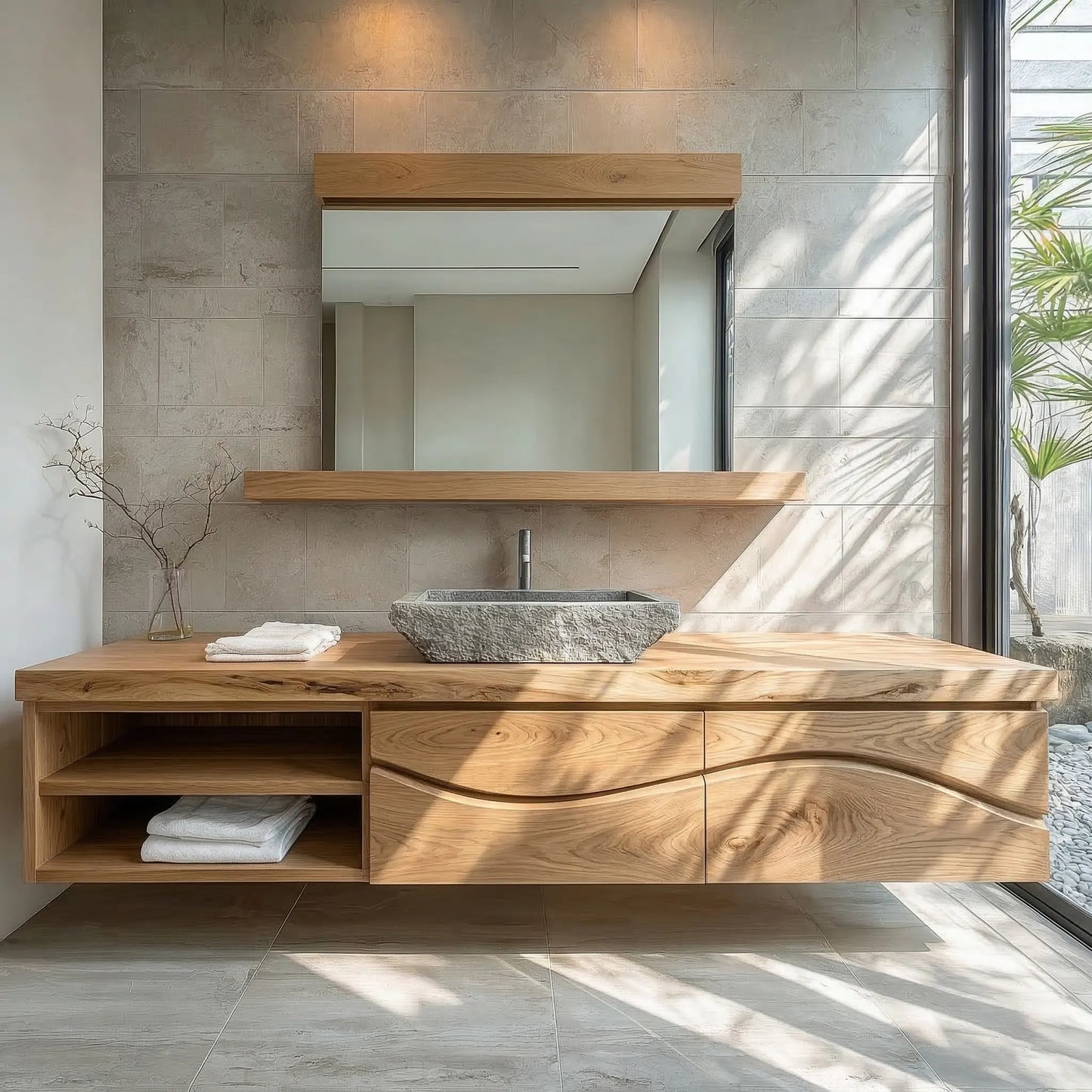 Traditional Solid Wood Bathroom Vanity – Handcrafted Natural Wood Storage Cabinet - Elitegemse