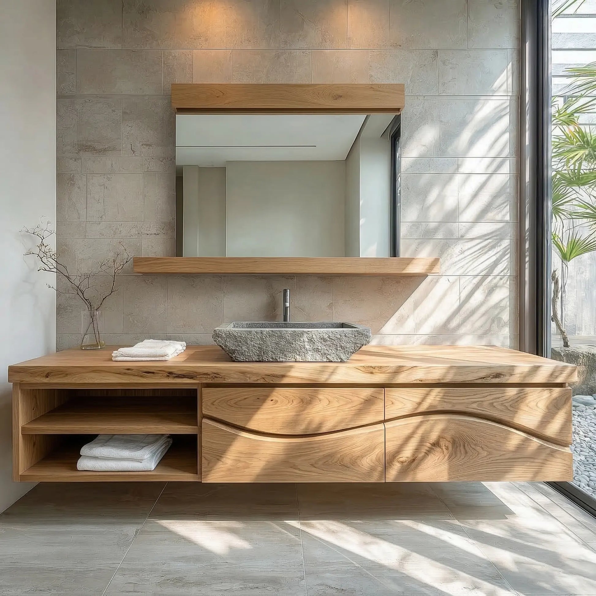 Traditional Solid Wood Bathroom Vanity – Handcrafted Natural Wood Storage Cabinet - Elitegemse