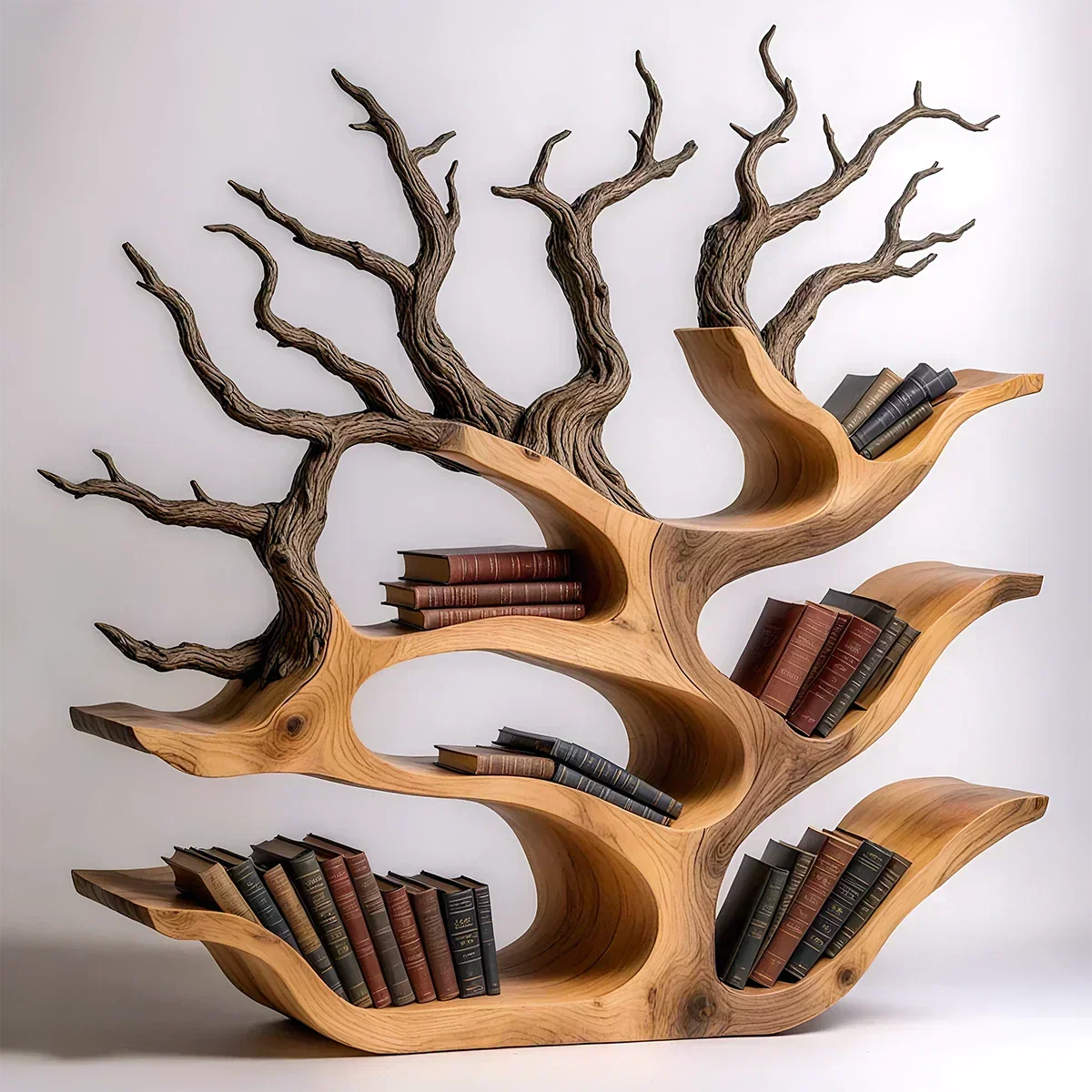 Tree-Shaped Natural Solid Wood Bookshelf – Sculptural Design - Woodenecho