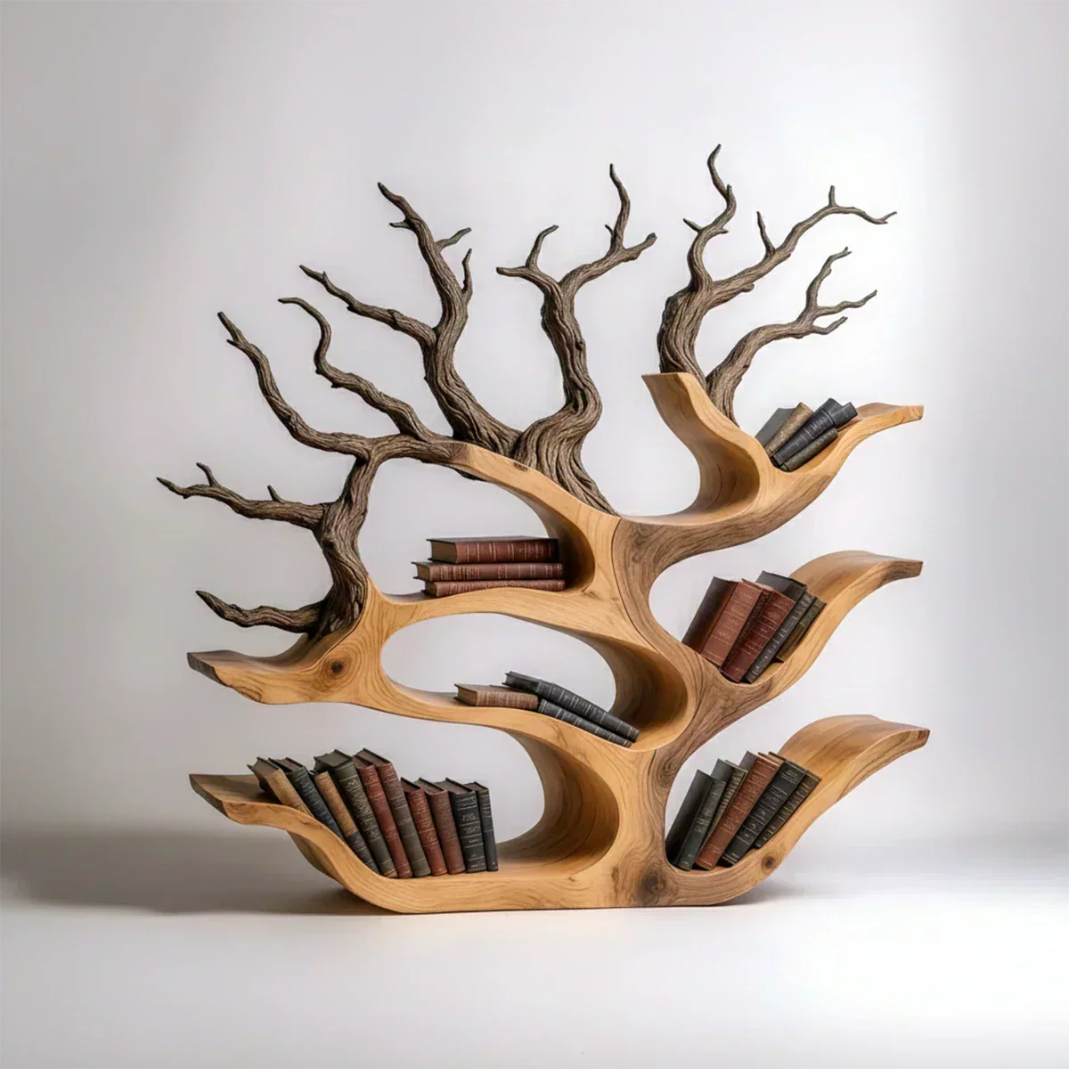 Tree-Shaped Natural Solid Wood Bookshelf – Sculptural Design - Woodenecho