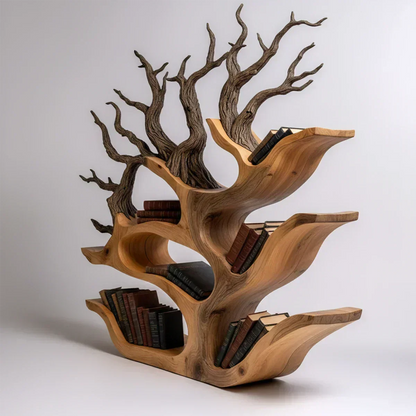 Tree-Shaped Natural Solid Wood Bookshelf – Sculptural Design - Woodenecho