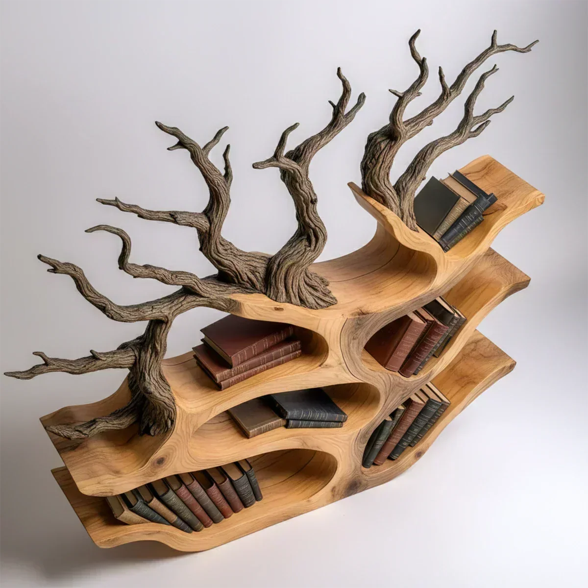 Tree-Shaped Natural Solid Wood Bookshelf – Sculptural Design - Woodenecho