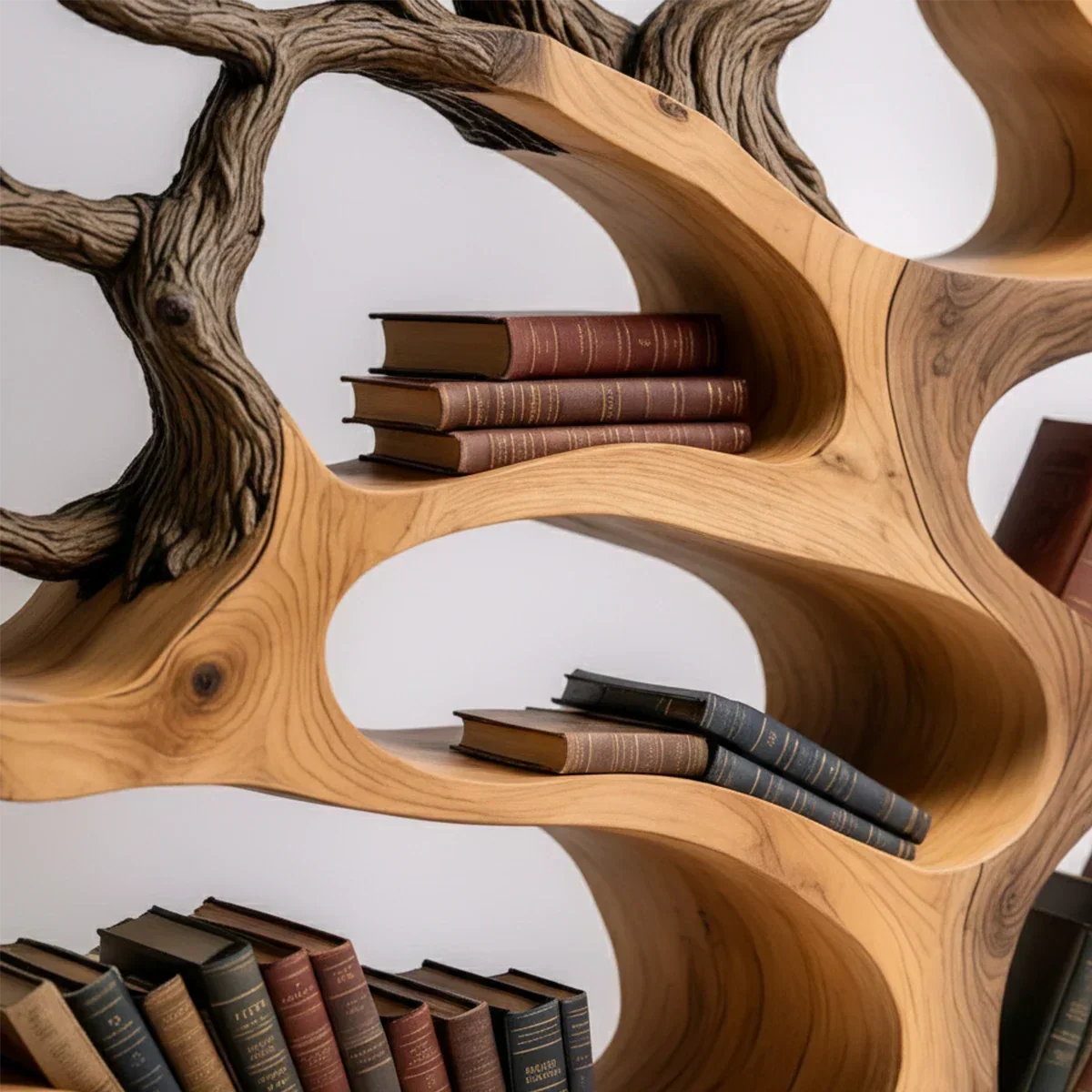 Tree-Shaped Natural Solid Wood Bookshelf – Sculptural Design - Woodenecho