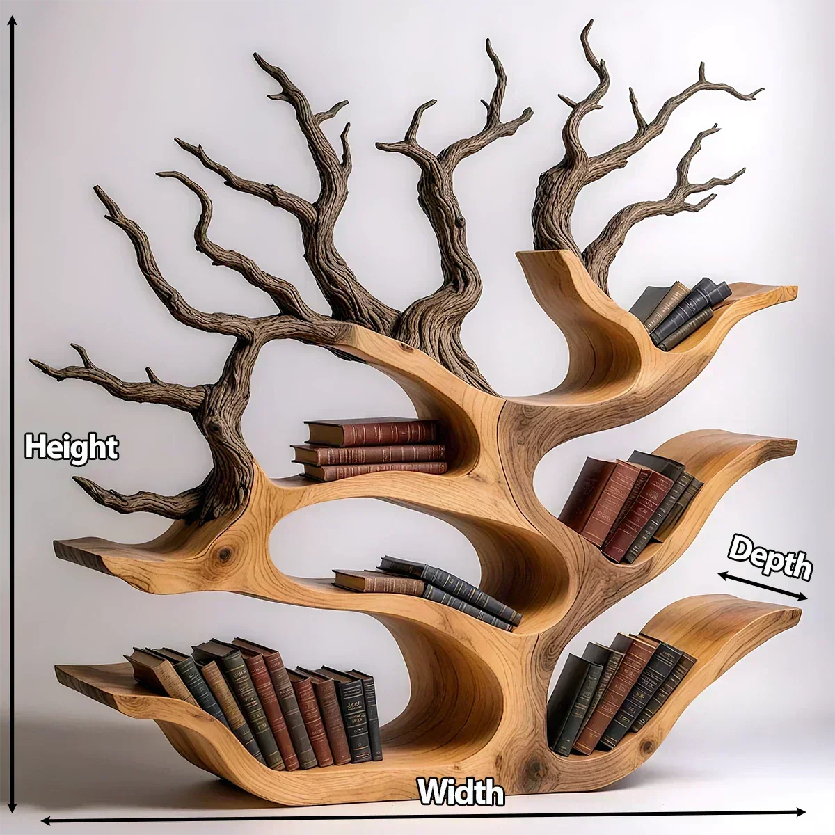 Tree-Shaped Natural Solid Wood Bookshelf – Sculptural Design - Woodenecho