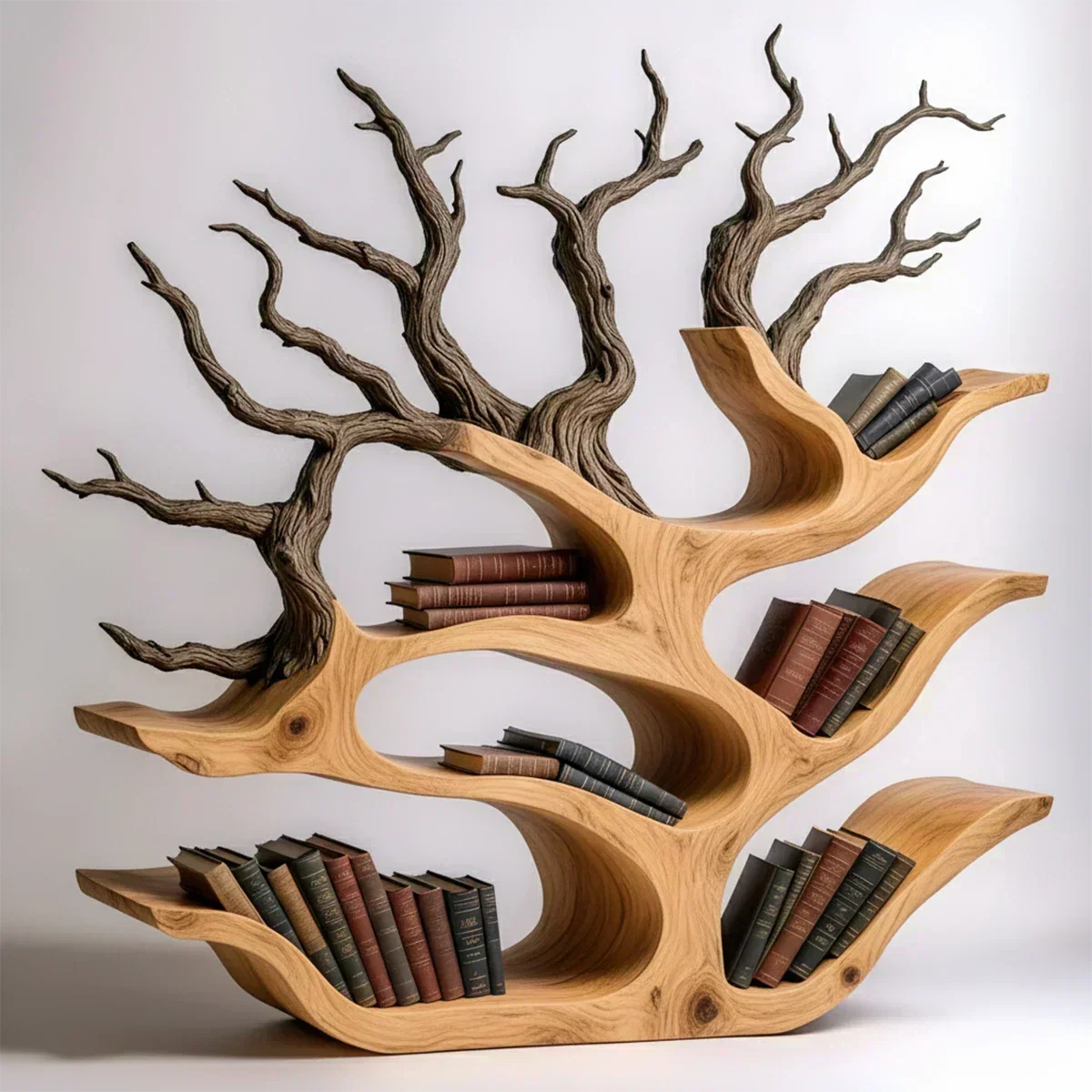 Tree-Shaped Natural Solid Wood Bookshelf – Sculptural Design - Woodenecho