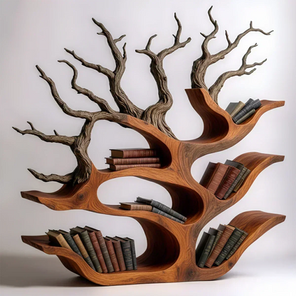 Tree-Shaped Natural Solid Wood Bookshelf – Sculptural Design - Woodenecho