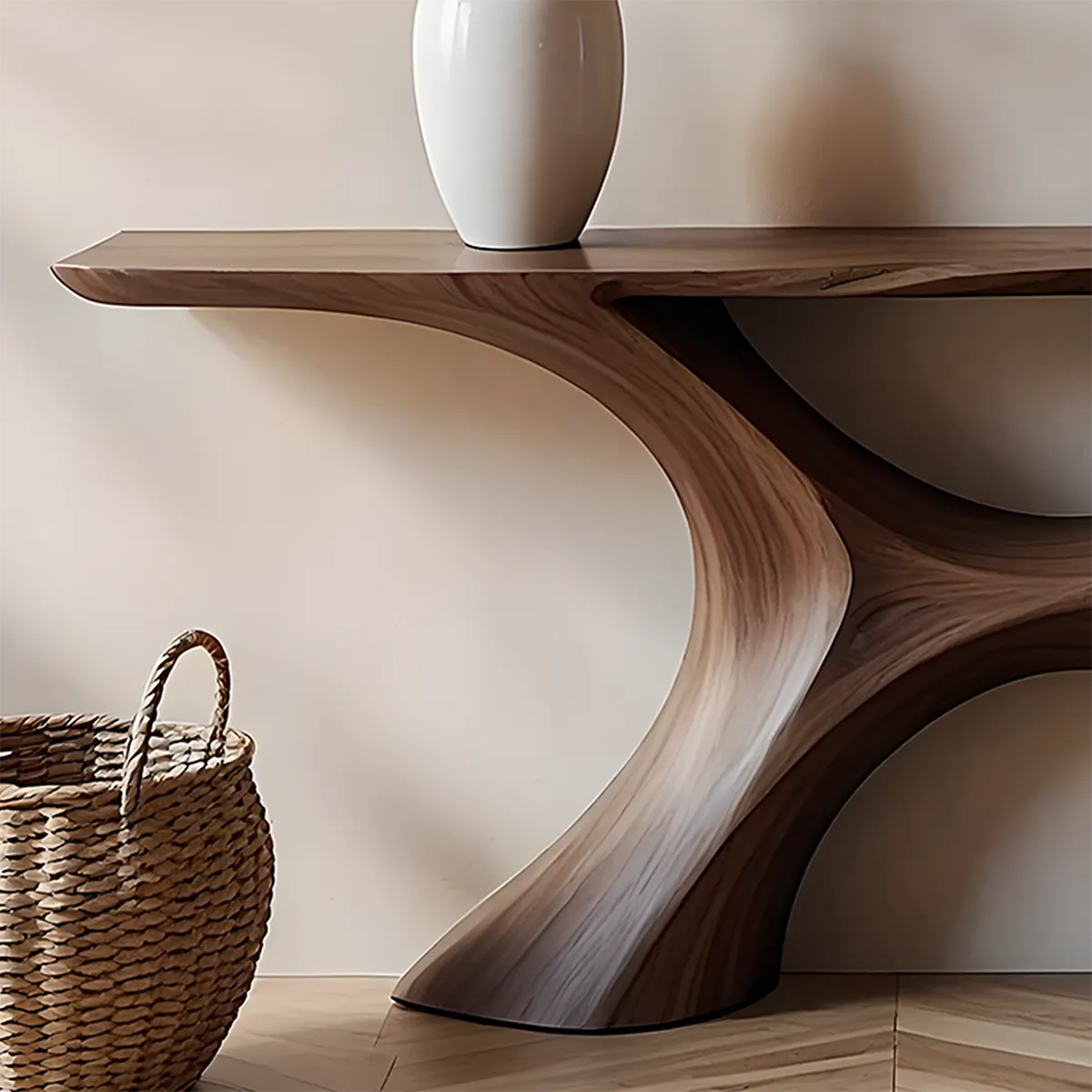 Twin Arch Walnut Console Table – Modern Sculptural Form - Elitegemse
