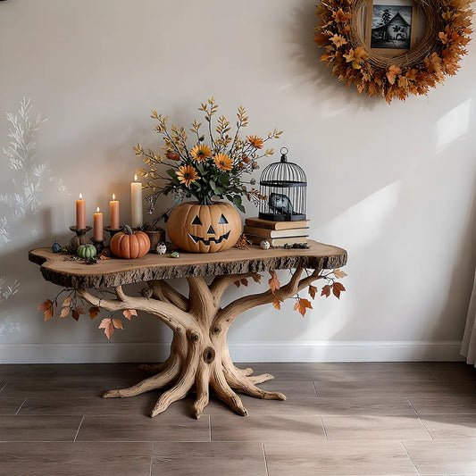 Solid wood console table with natural tree branch shape in rustic farmhouse style