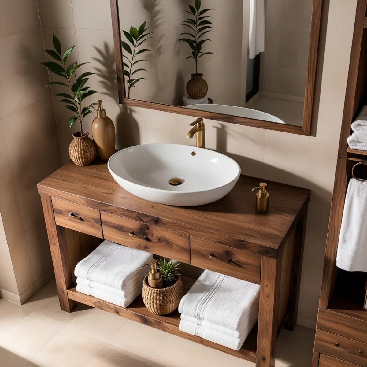Walnut Essence Vanity – Solid Wood Bathroom Elegance - Elitegemse