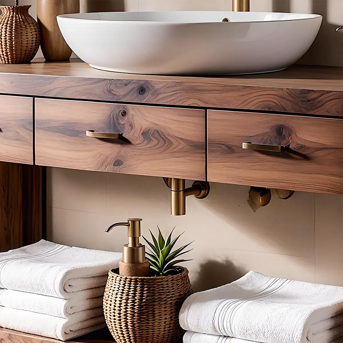 Walnut Essence Vanity – Solid Wood Bathroom Elegance - Elitegemse