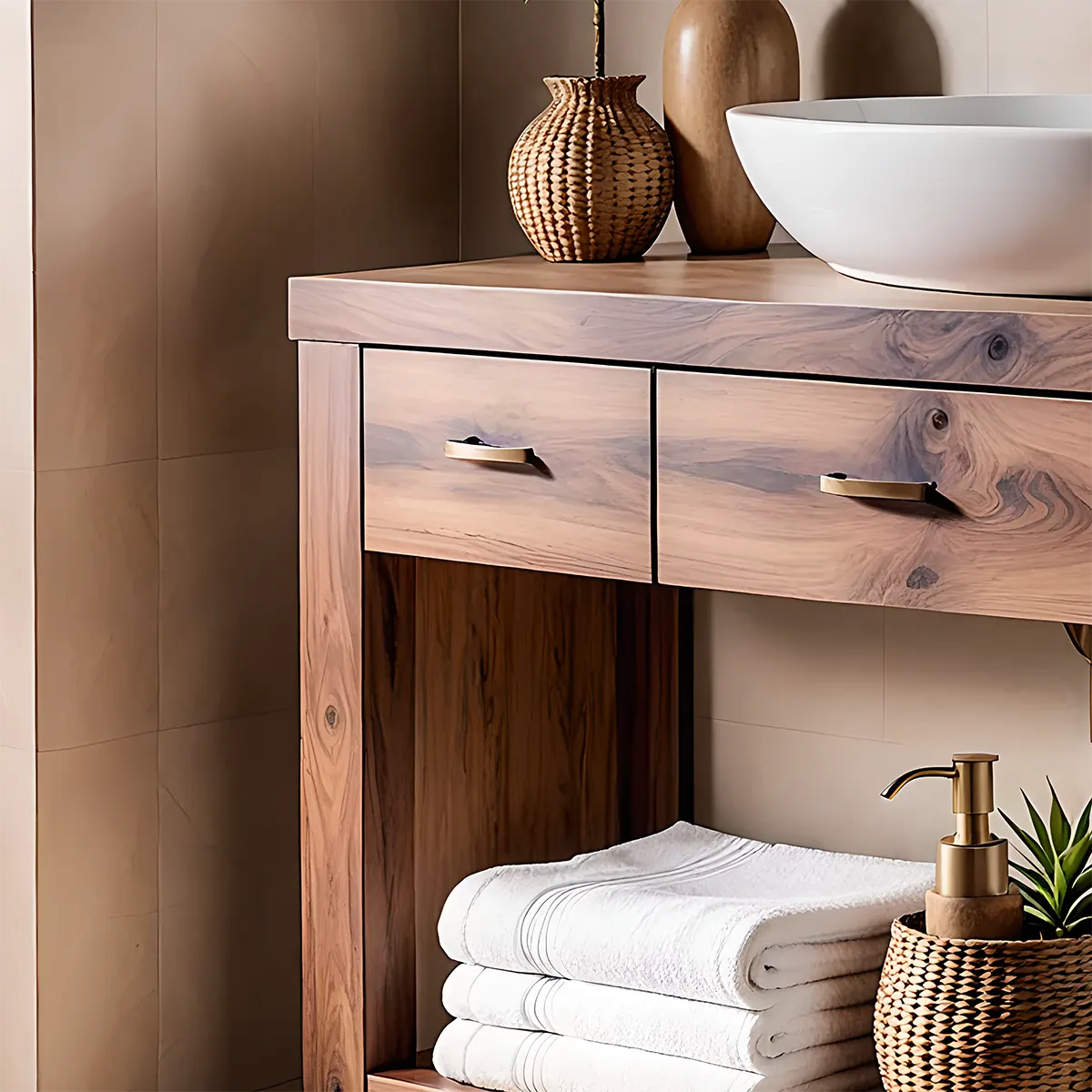 Walnut Essence Vanity – Solid Wood Bathroom Elegance - Elitegemse