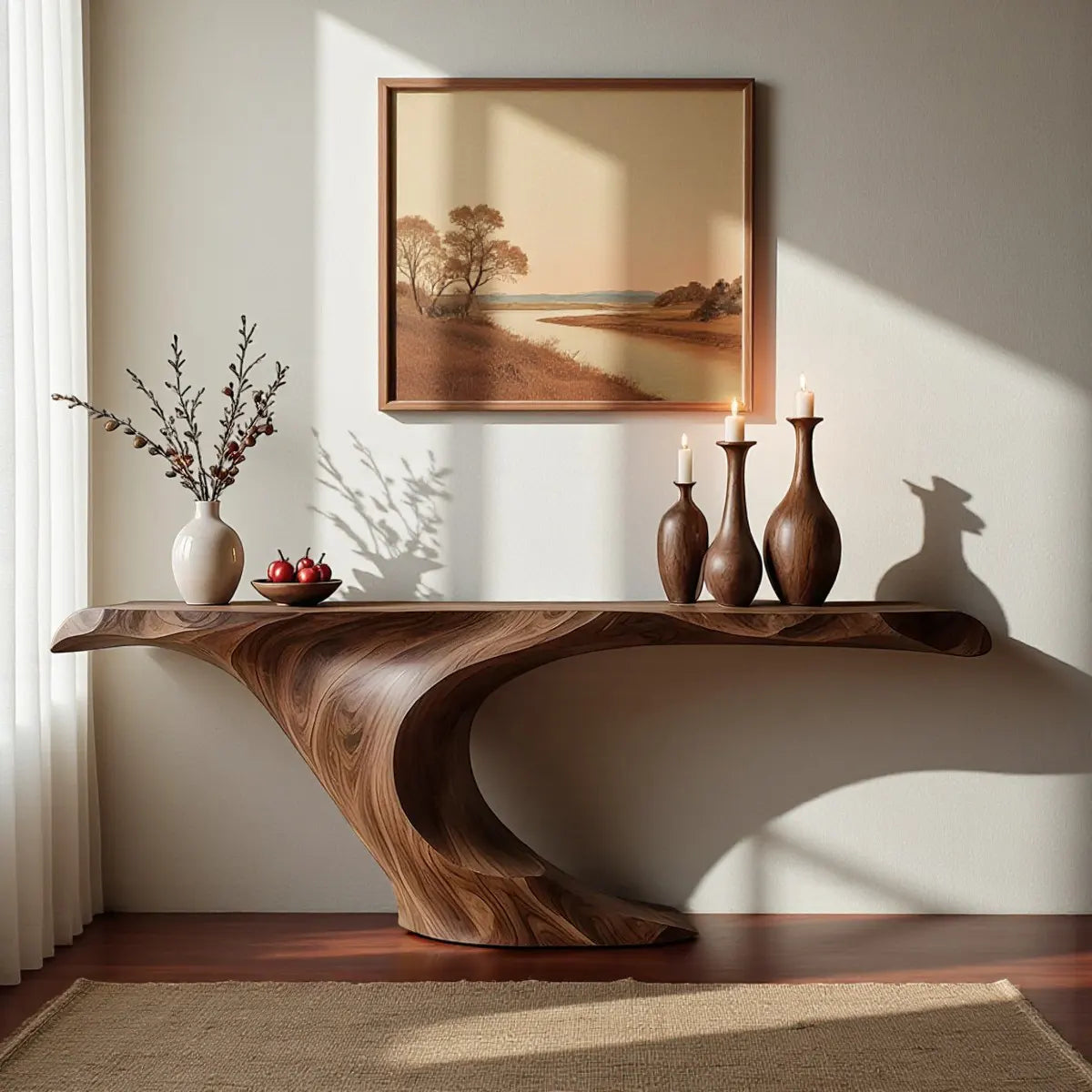 Wave Curve Walnut Console Table – Organic Sculptural Form - Elitegemse