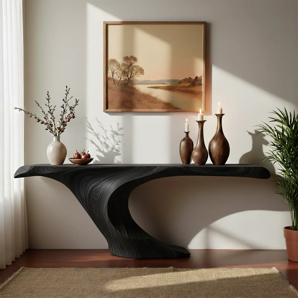 Wave Curve Walnut Console Table – Organic Sculptural Form - Elitegemse