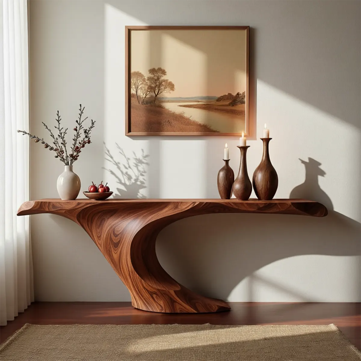 Wave Curve Walnut Console Table – Organic Sculptural Form - Elitegemse