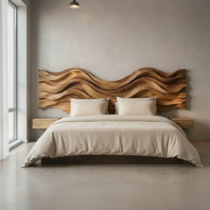 Wave Sculpture Solid Wood Headboard – Grand Flow Design - Woodenecho