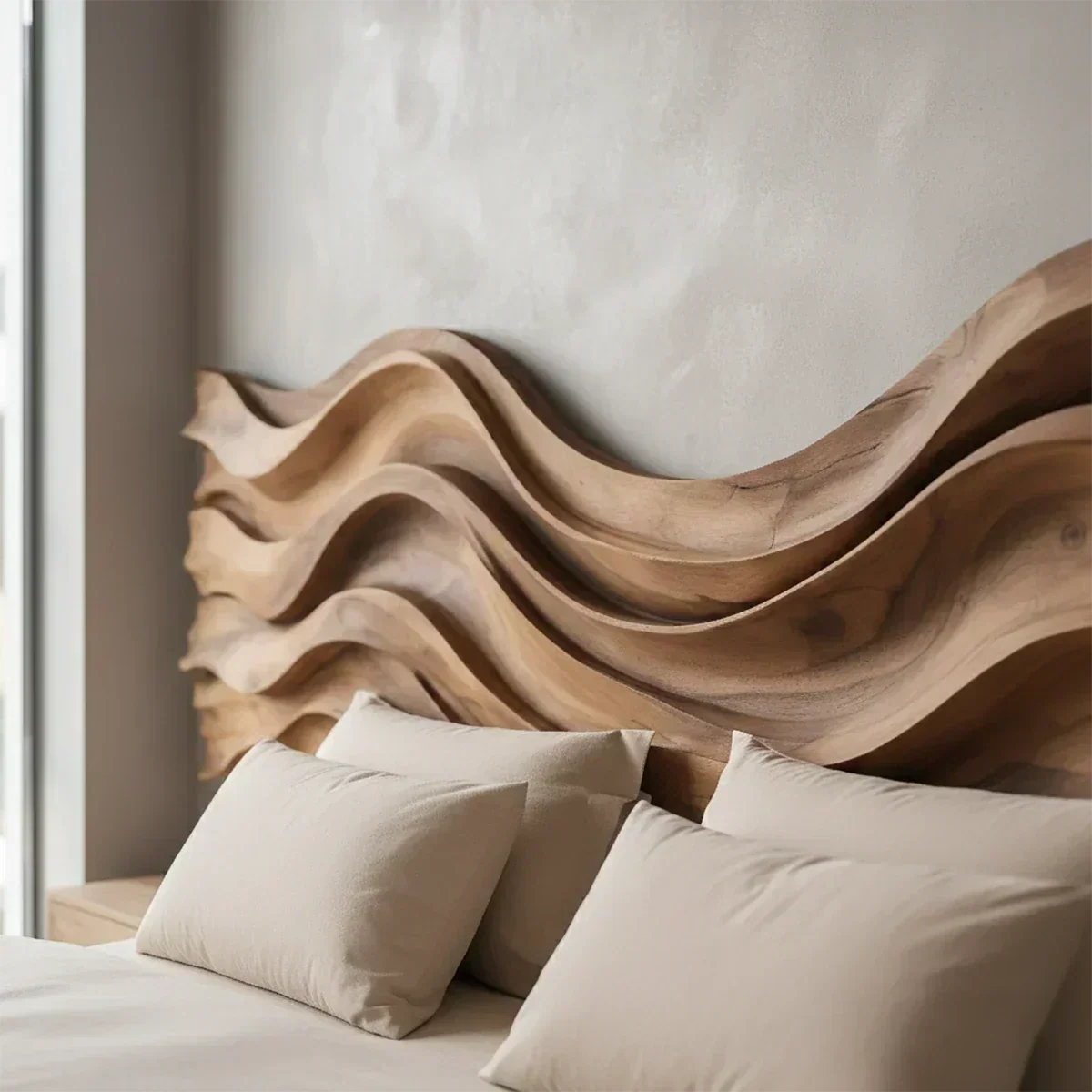 Wave Sculpture Solid Wood Headboard – Grand Flow Design - Woodenecho