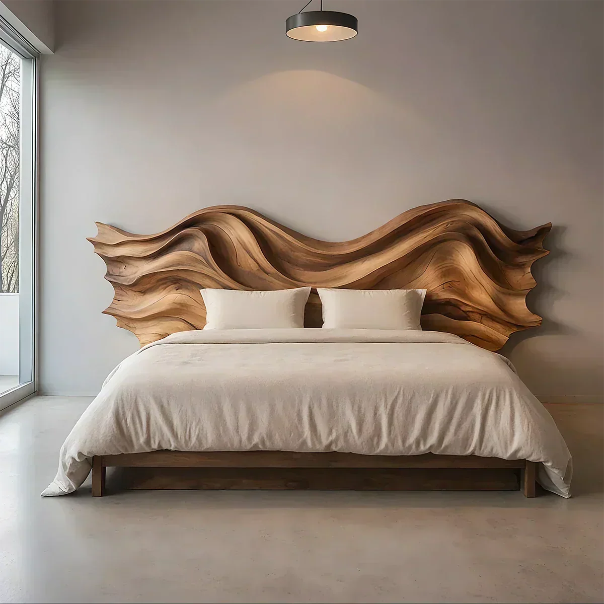 Waveflow Solid Wood Headboard – Sculptural Bedroom Art - Woodenecho