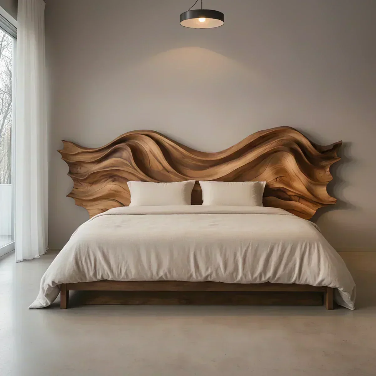 Waveflow Solid Wood Headboard – Sculptural Bedroom Art - Woodenecho