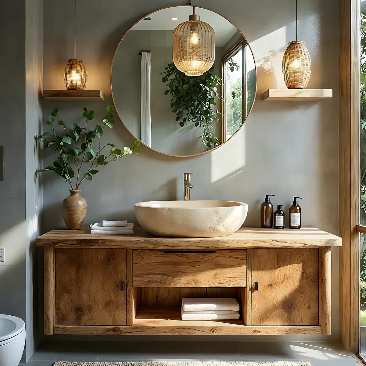 Zenwood Bathroom Vanity – Natural Solid Wood Japandi Cabinet - Elitegemse