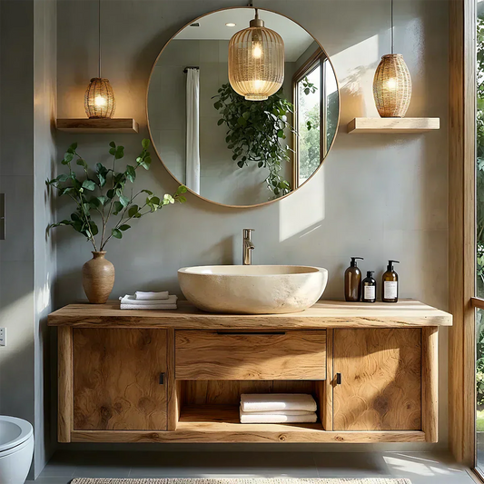 Zenwood Bathroom Vanity – Natural Solid Wood Japandi Cabinet - Elitegemse