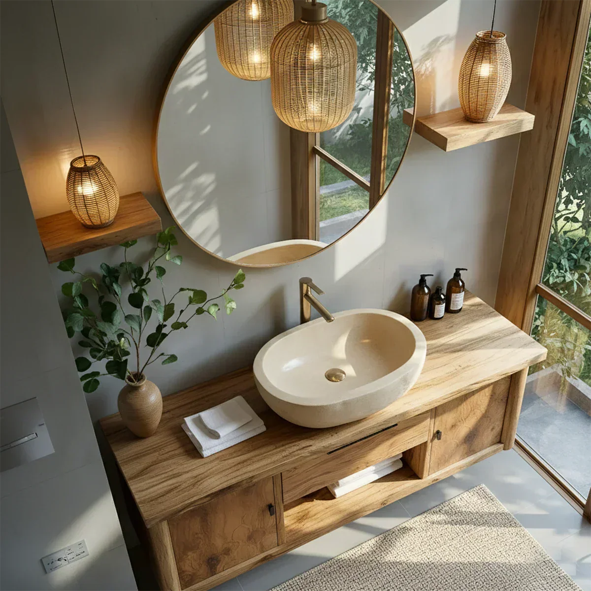 Zenwood Bathroom Vanity – Natural Solid Wood Japandi Cabinet - Elitegemse