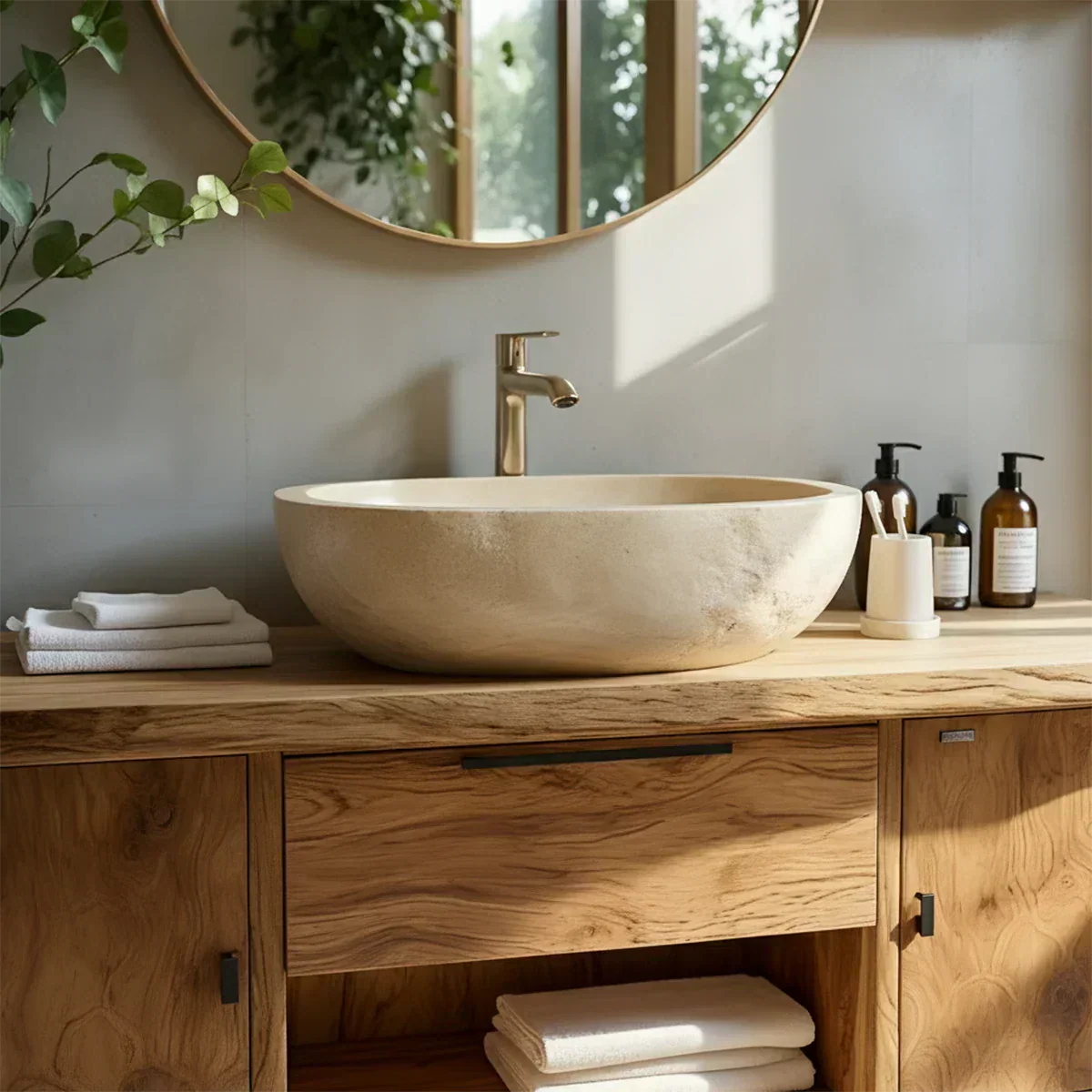 Zenwood Bathroom Vanity – Natural Solid Wood Japandi Cabinet - Elitegemse