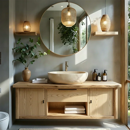Zenwood Bathroom Vanity – Natural Solid Wood Japandi Cabinet - Elitegemse