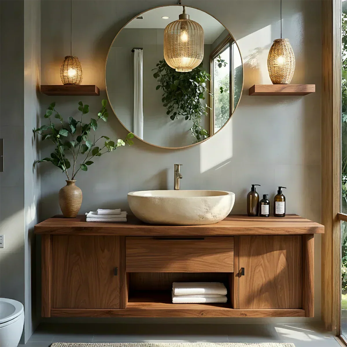Zenwood Bathroom Vanity – Natural Solid Wood Japandi Cabinet - Elitegemse