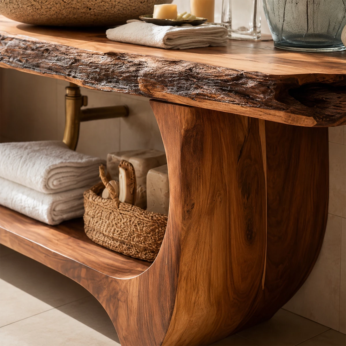 Bathroom Vanity with Sculptural Curved Form in Natural Solid Wood - Elitegemse - 1