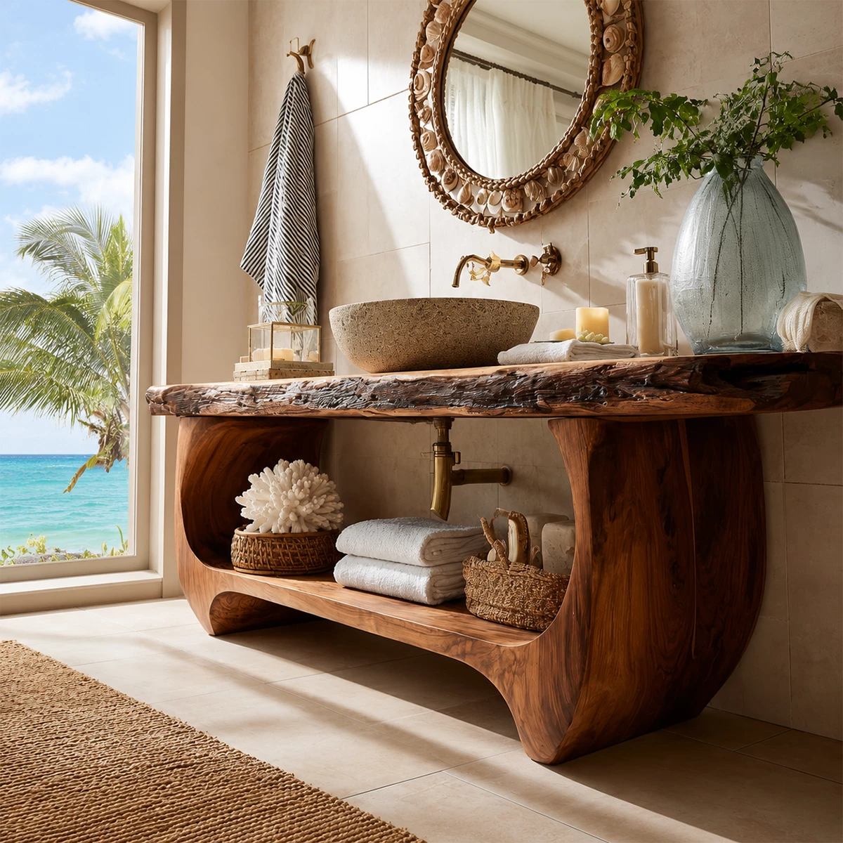 Bathroom Vanity with Sculptural Curved Form in Natural Solid Wood - Elitegemse - 2